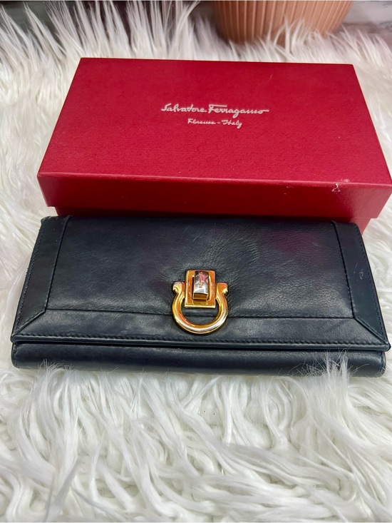 Salvatore Ferragamo Handbags - Salvatore Ferragamo Black Leather Wallet with Gold Horsebit Ring